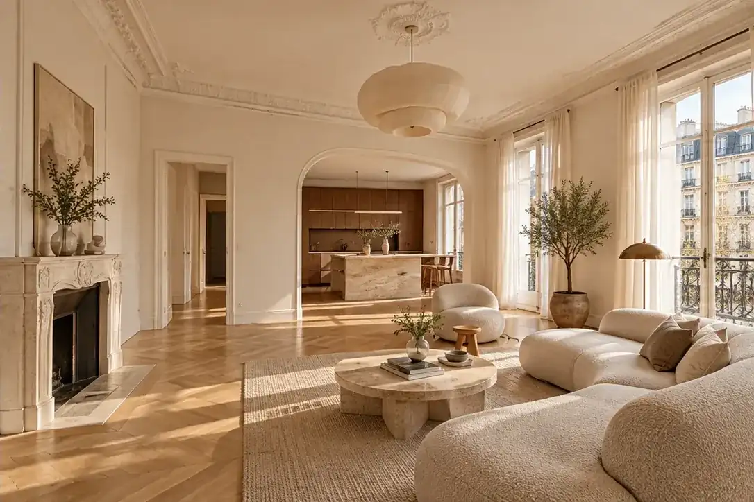 Projection d’aménagement d’un intérieur, tons pierre, bois et lumière naturelle