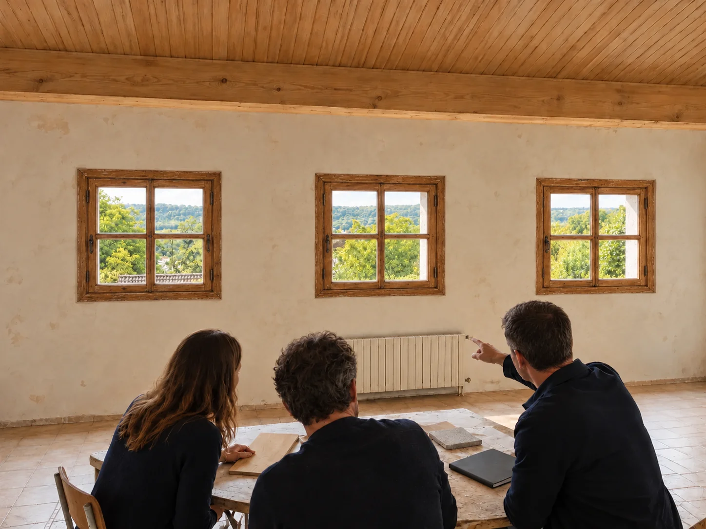 Projection d’aménagement : Échange avec des clients dans la pièce aux petites ouvertures et fenêtres anciennes en bois